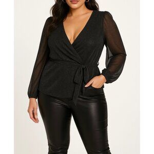 Torrid Top 1 Black Metallic Sheer Surplice Tie Waist Blouse Party Glam Night Out